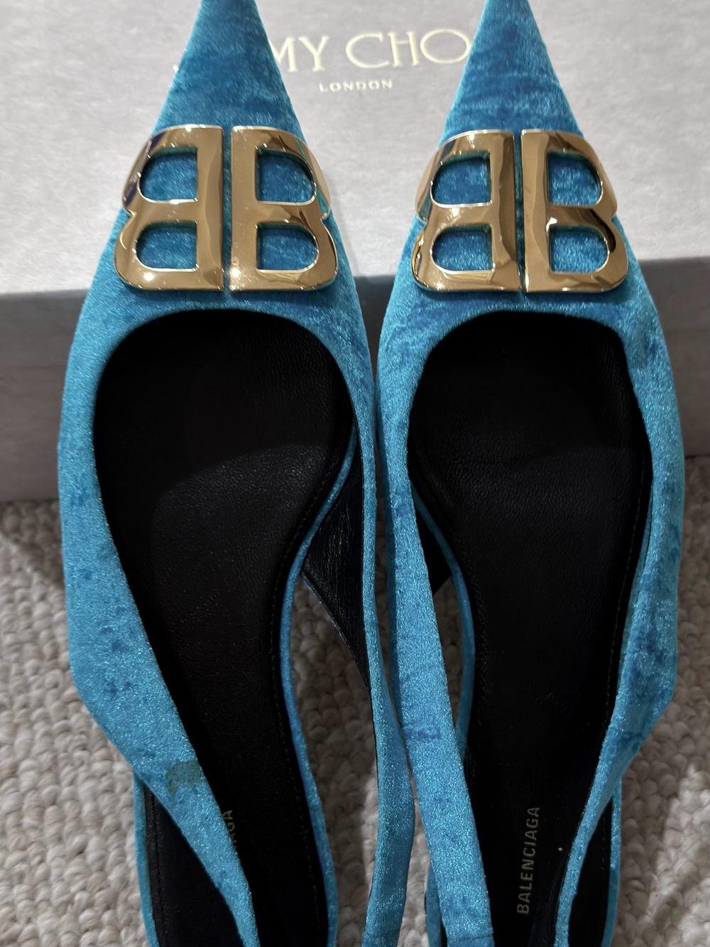 Balenciaga Teal Velvet Slingback Flats with Gold BB Logo - Picture 8 of 17